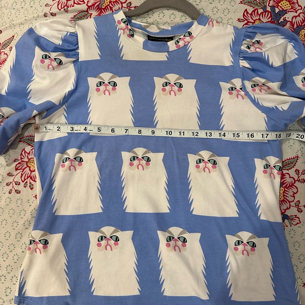 Nooworks Blue and White Grumpy Cat Puff-sleeve Tee Sz L 😻😻😻NWOT Limited Edition - Picture 4 of 6